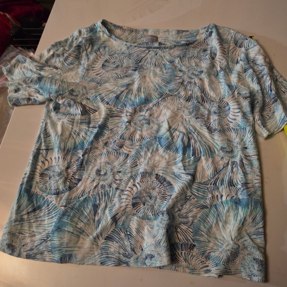 Chicos Womens Blue Seashell Print Pima Cotton Short Sleeve Boat Neck Top Tee